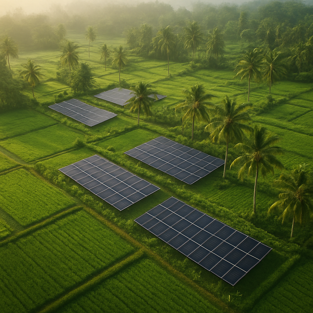 Sustainable tropical farm with solar panels among green fields
