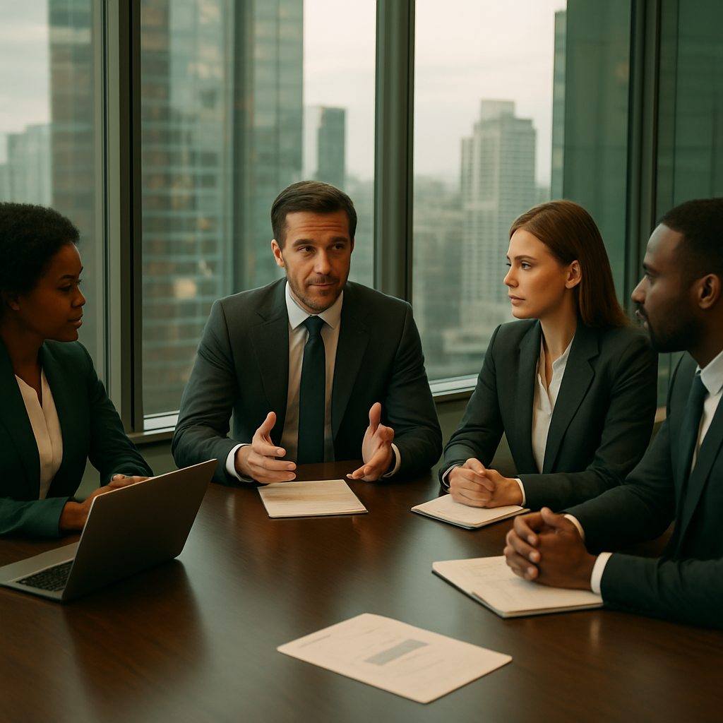 Business executives discussing investment strategy in a boardroom